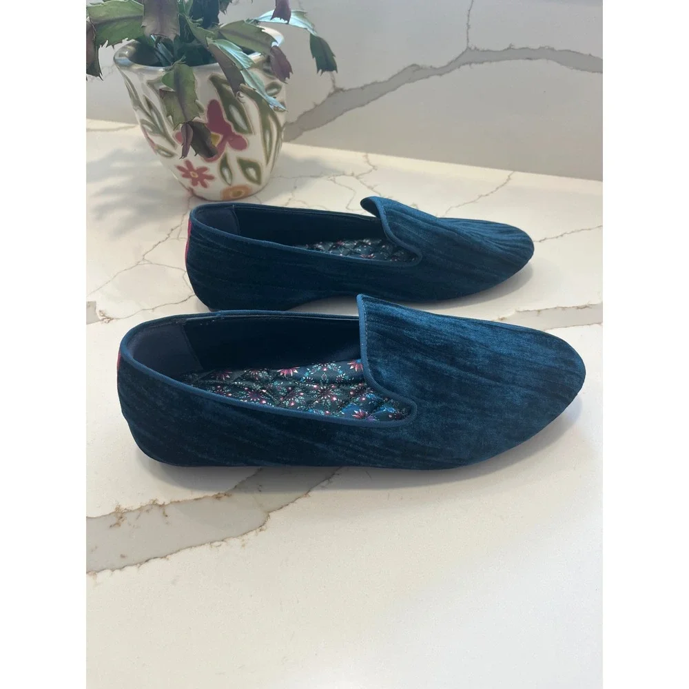 Birdies The Starling Blue Crushed Velvet Loafers Smoking Slippers Womens 8.5
